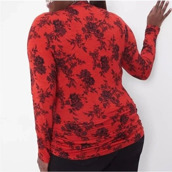 Lane Bryant Red Floral Fitted Mock Neck Keyhole Ruched Stretch Blouse Size 22/24 - Picture 4 of 11